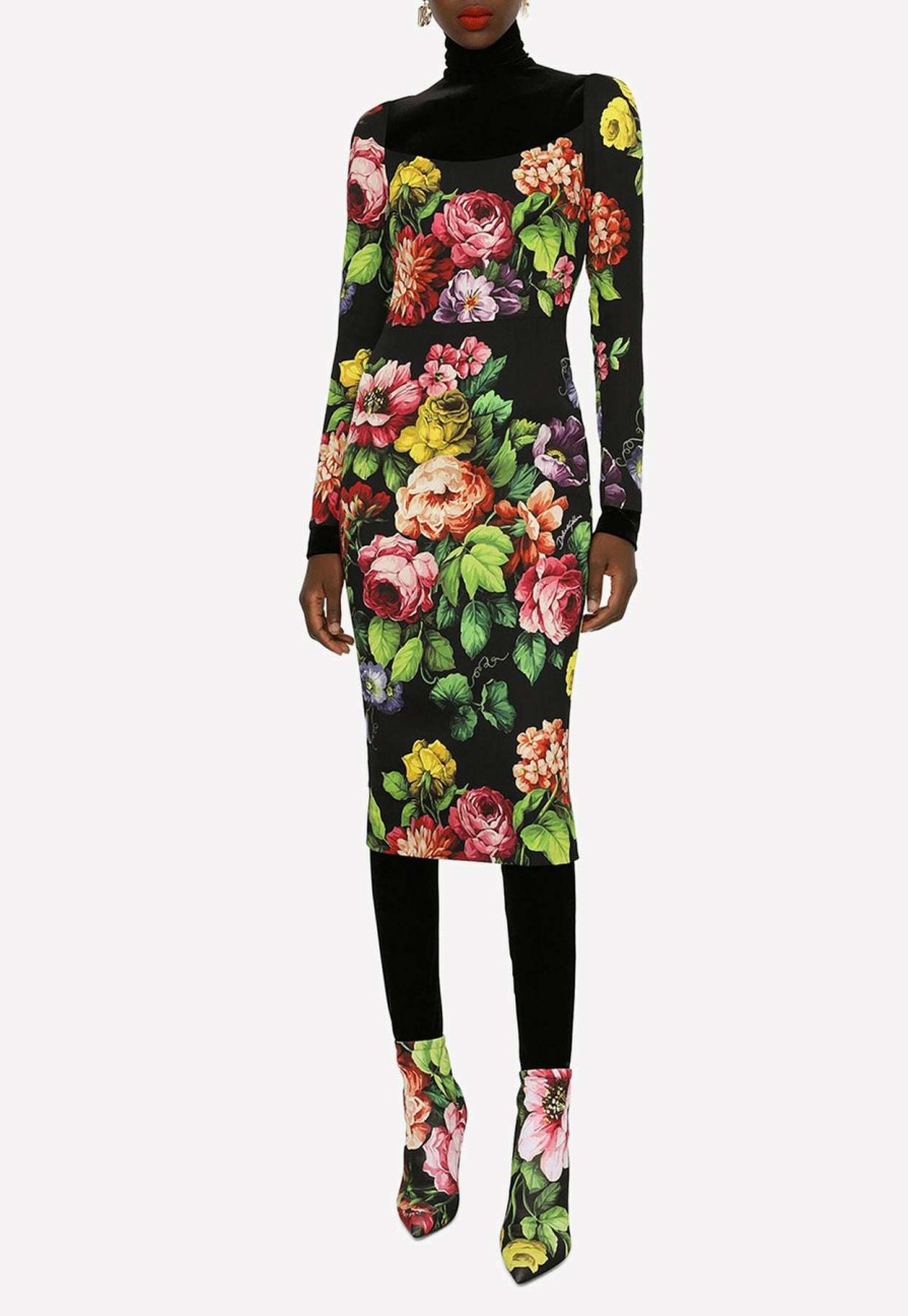 Dresses * | Dolce & Gabbana Floral Print Silk Charmeuse Midi Dress Black