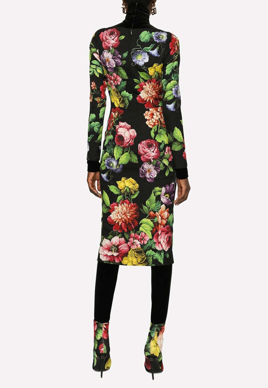 Dresses * | Dolce & Gabbana Floral Print Silk Charmeuse Midi Dress Black