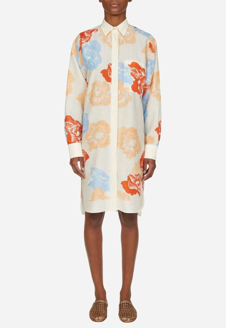 Dresses * | Salvatore Ferragamo Poppy Print Silk Shirt Dress Multicolor