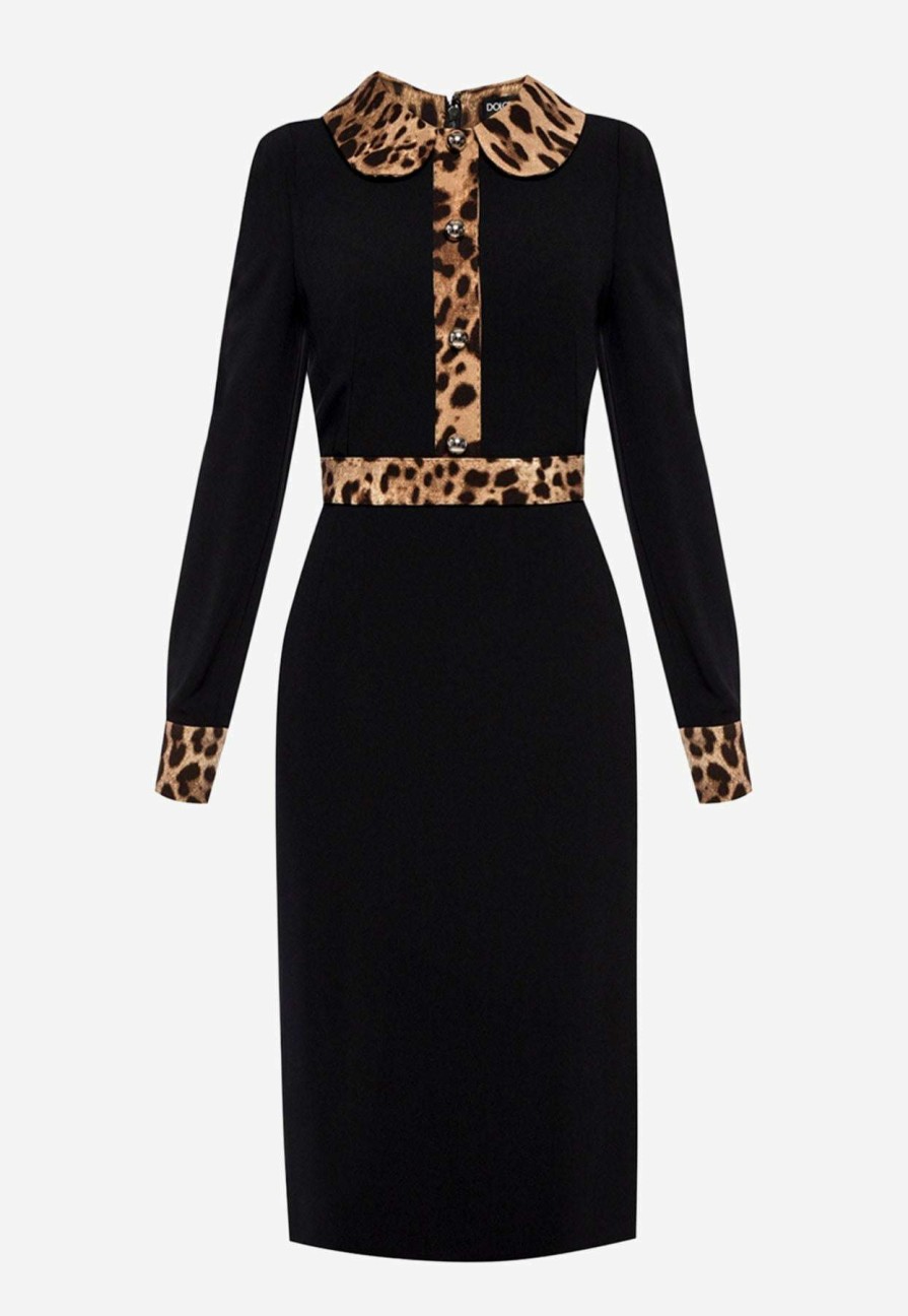 Evening * | Dolce & Gabbana Leopard Print Trim Midi Dress Black