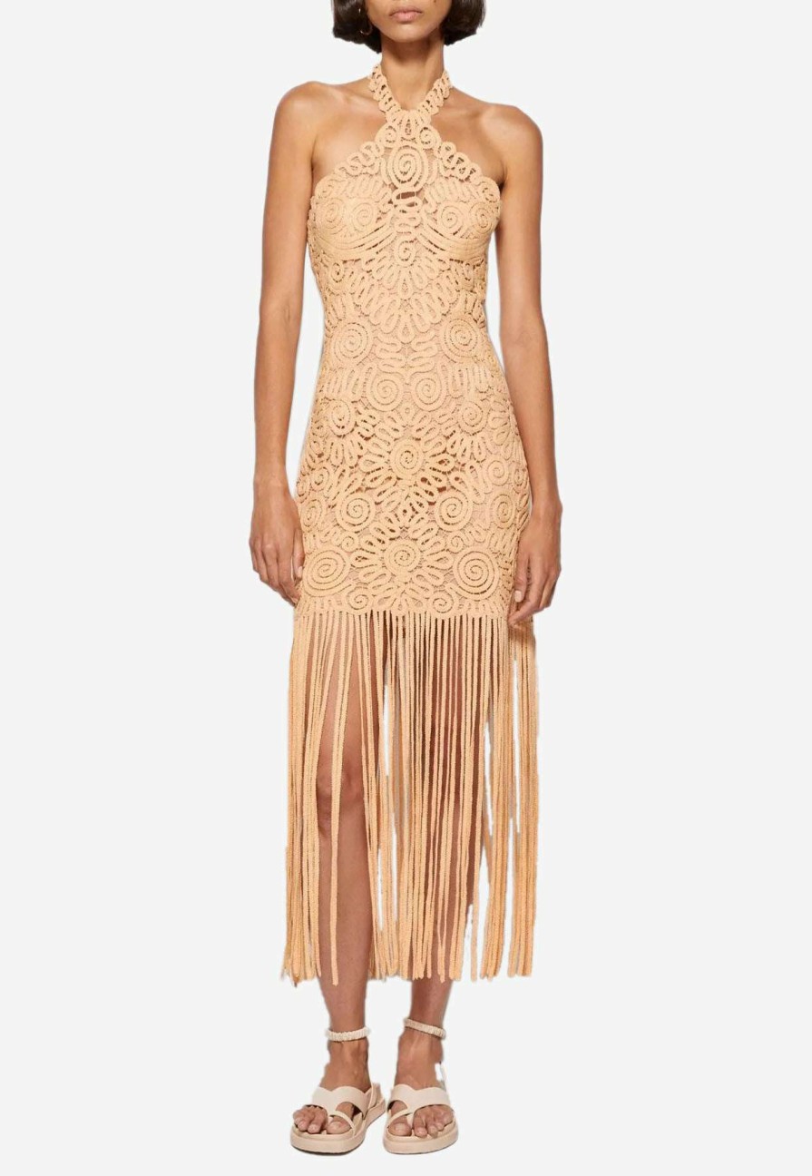 Evening * | Jonathan Simkhai Alisa Embroidered Fringe Midi Dress Beige