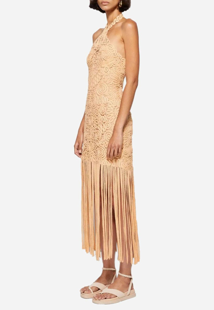 Evening * | Jonathan Simkhai Alisa Embroidered Fringe Midi Dress Beige