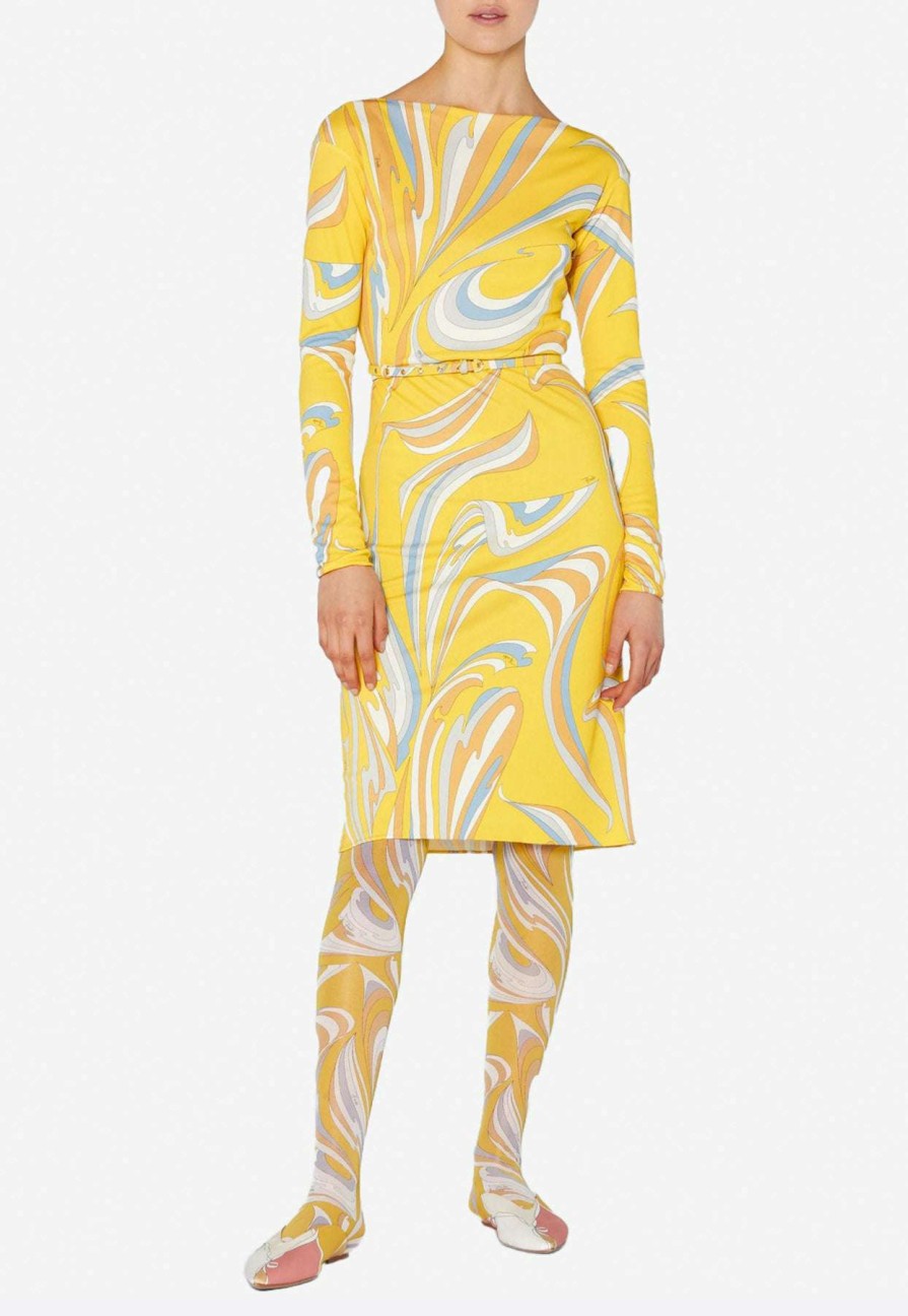 Dresses * | Emilio Pucci Marilyn Vortici Print Long-Sleeved Satin Dress Yellow