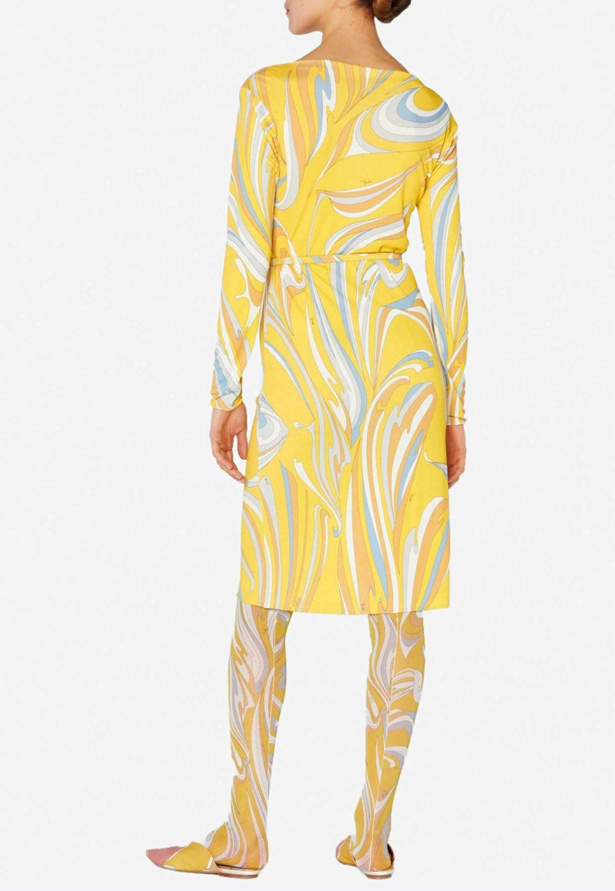 Dresses * | Emilio Pucci Marilyn Vortici Print Long-Sleeved Satin Dress Yellow