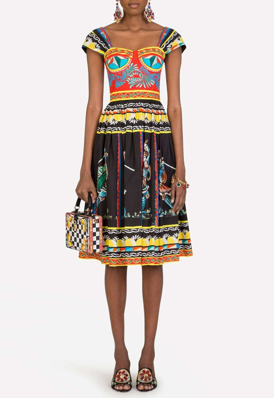 Evening * | Dolce & Gabbana Carretto Print Sweetheart-Neck Cotton Dress Multicolor