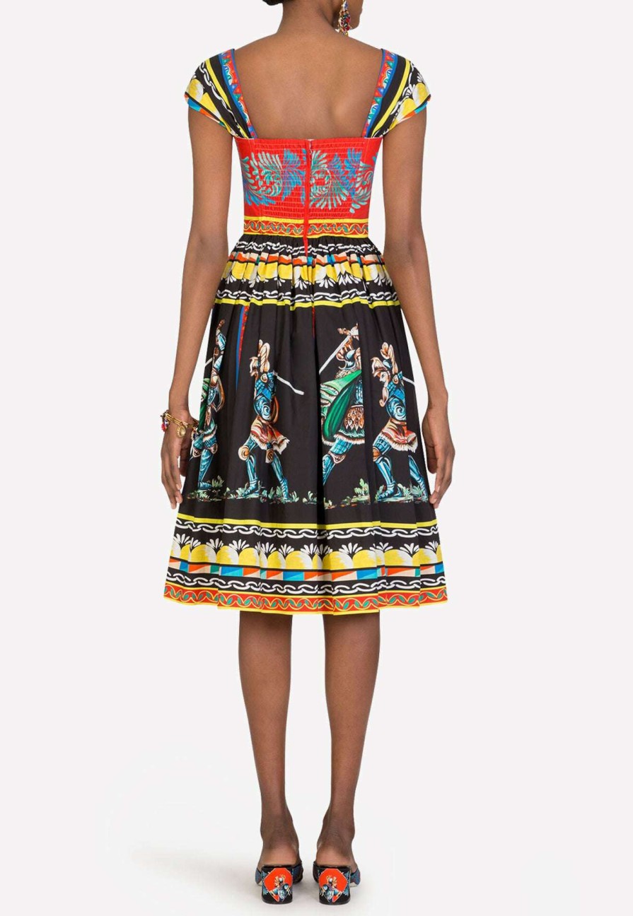 Evening * | Dolce & Gabbana Carretto Print Sweetheart-Neck Cotton Dress Multicolor