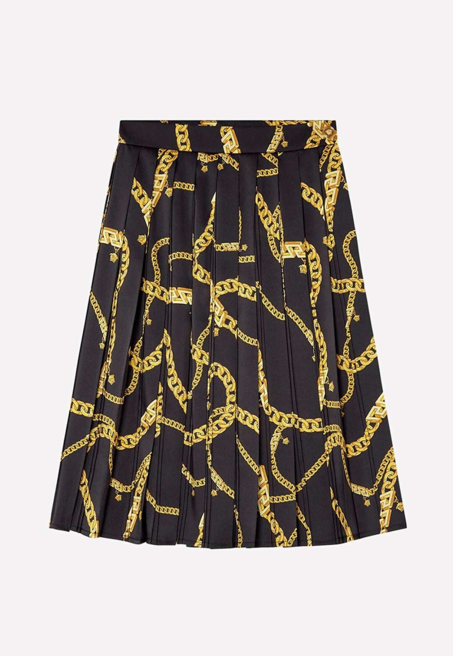 Skirts * | Versace Chain-Print Pleated Midi Skirt Black