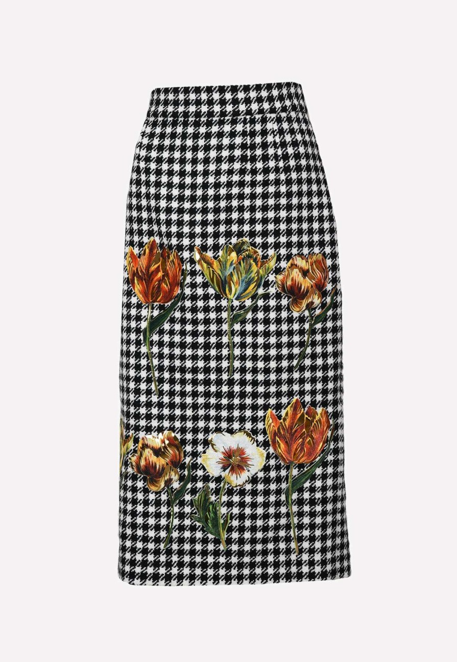 Skirts * | Dolce & Gabbana Houndstooth Flowers-Printed Midi Skirt Black