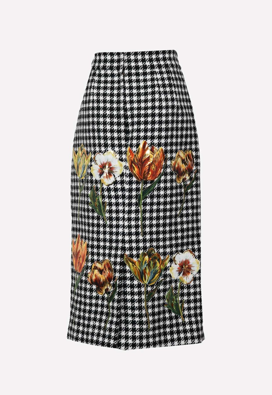 Skirts * | Dolce & Gabbana Houndstooth Flowers-Printed Midi Skirt Black