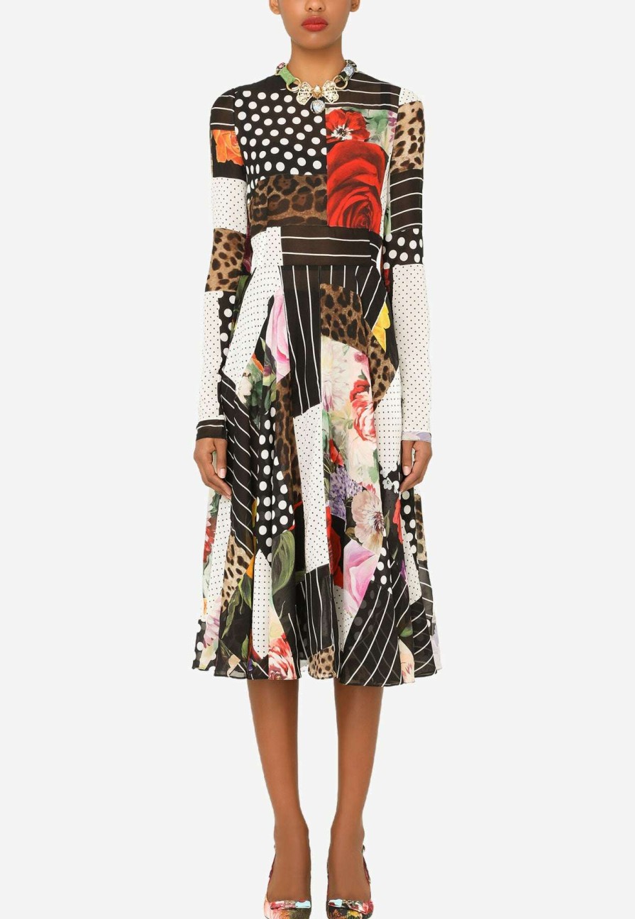 Evening * | Dolce & Gabbana Patchwork Long-Sleeved Chiffon Flared Dress Multicolor