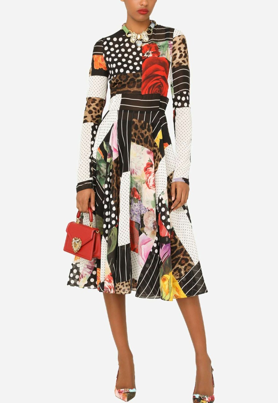 Evening * | Dolce & Gabbana Patchwork Long-Sleeved Chiffon Flared Dress Multicolor