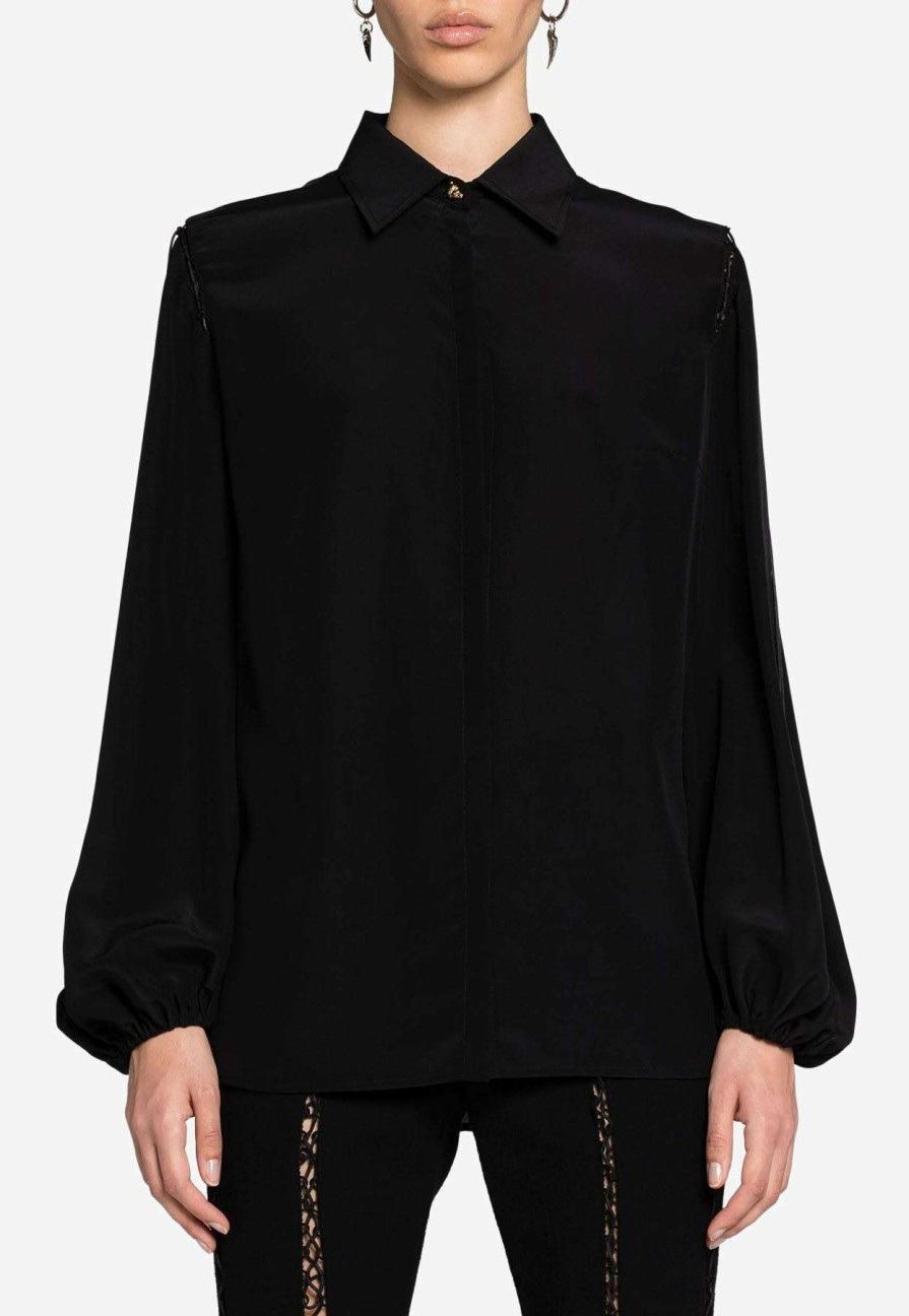 Evening * | Roberto Cavalli Lace-Up Silk Top Black