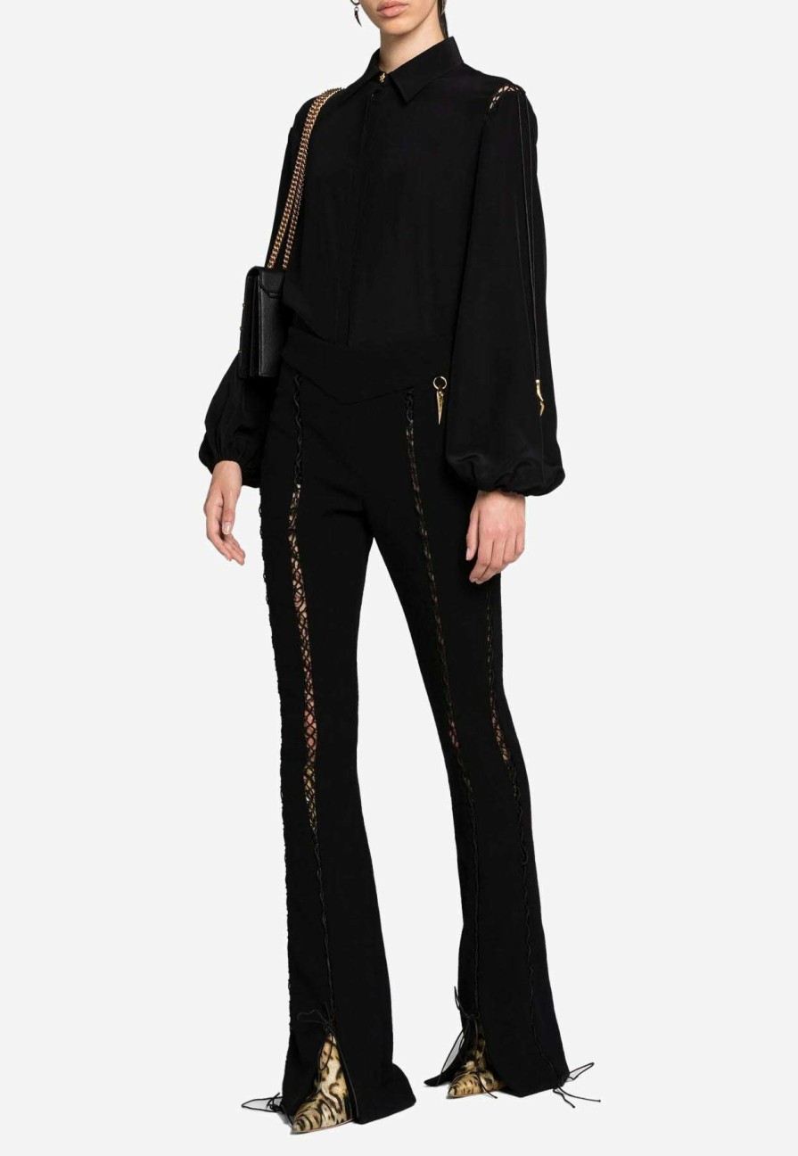 Evening * | Roberto Cavalli Lace-Up Silk Top Black