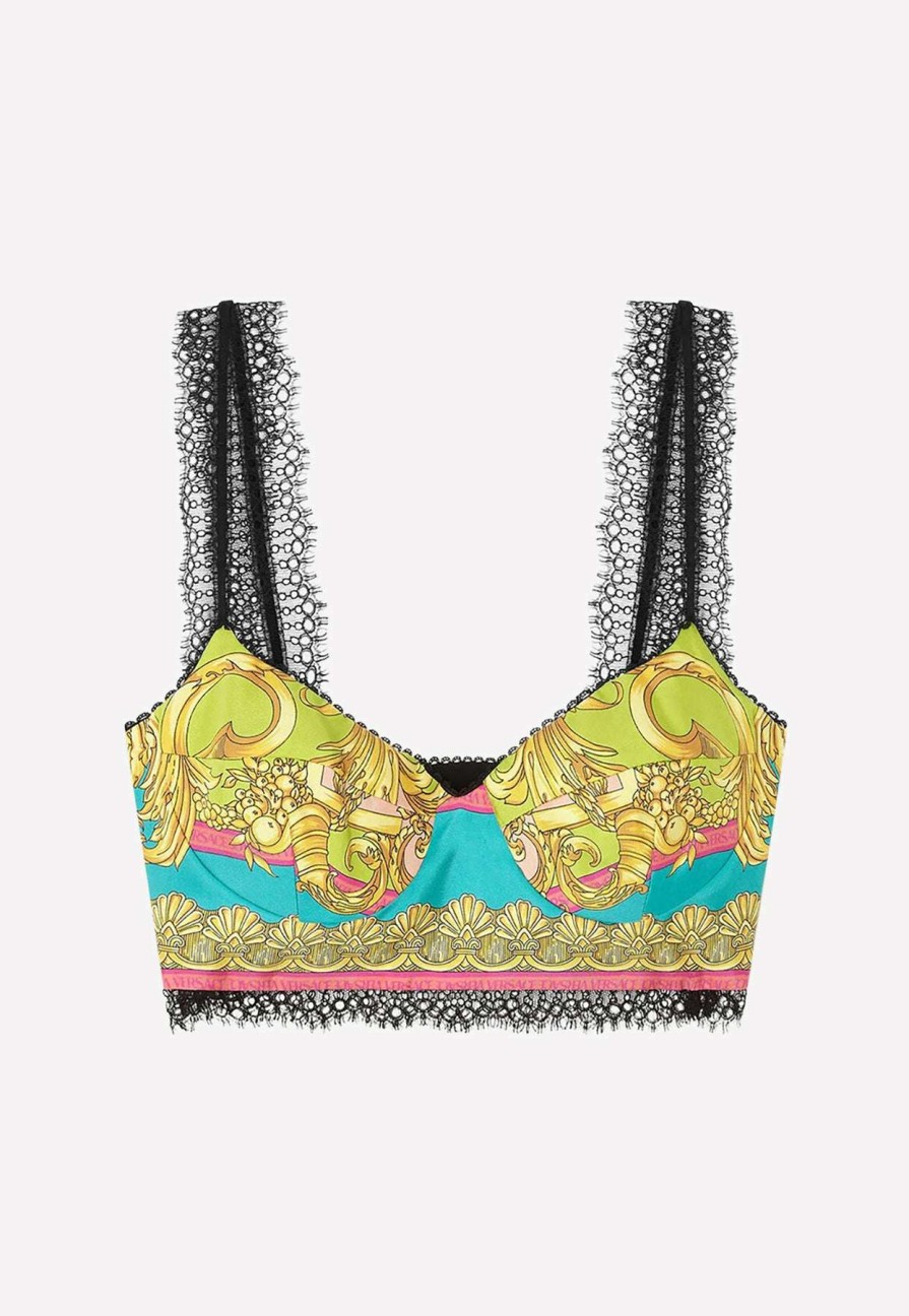 Evening * | Versace Barocco Goddess Print Silk Cropped Top Multicolor