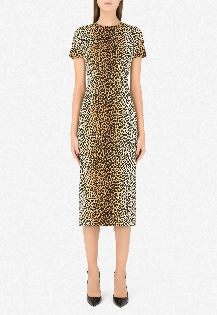 Dresses * | Dolce & Gabbana Animal Print Charmeuse Midi Dress Brown