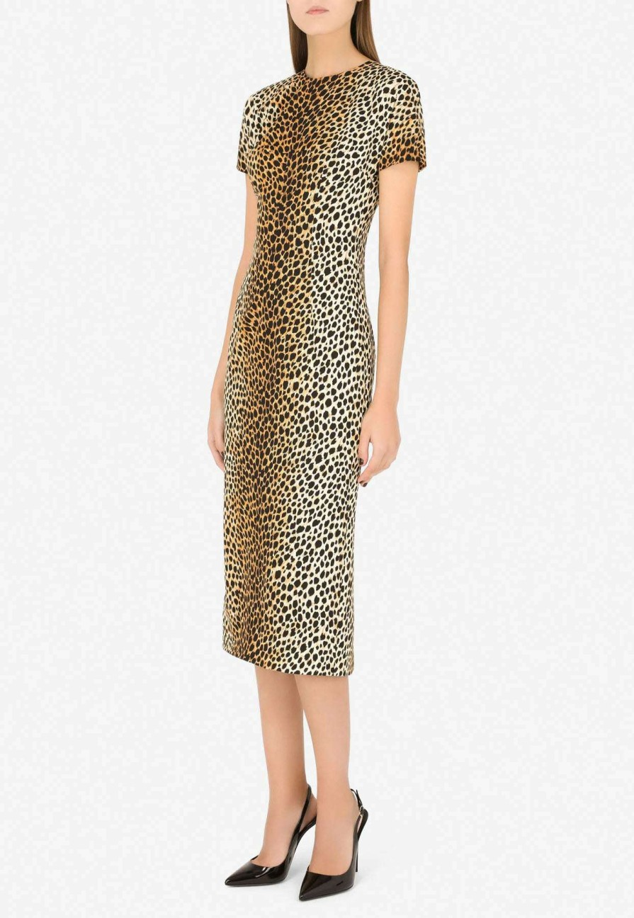 Dresses * | Dolce & Gabbana Animal Print Charmeuse Midi Dress Brown