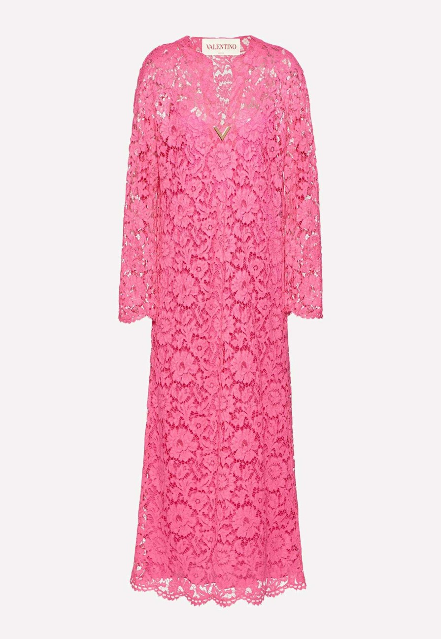 Dresses * | Valentino V Gold Floral Lace Kaftan Dress Fuchsia