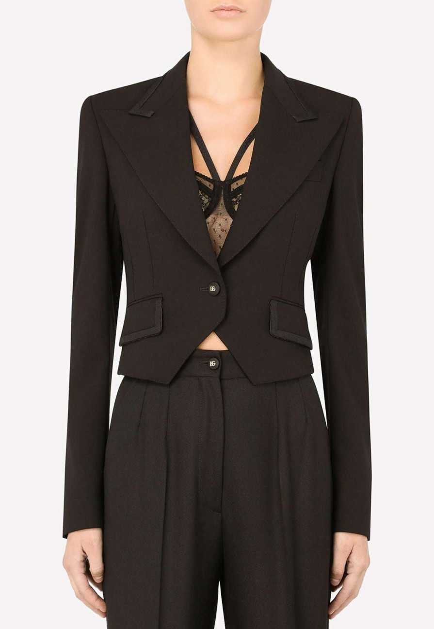 Evening * | Dolce & Gabbana Cordonetto Lace Trim Blazer In Wool Black