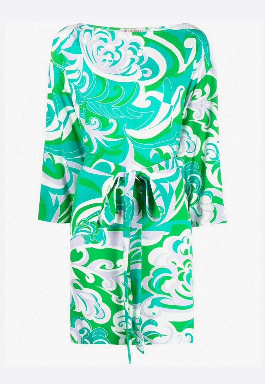 Dresses * | Emilio Pucci Boat-Neck Albizia Print Crepe Mini Dress Green