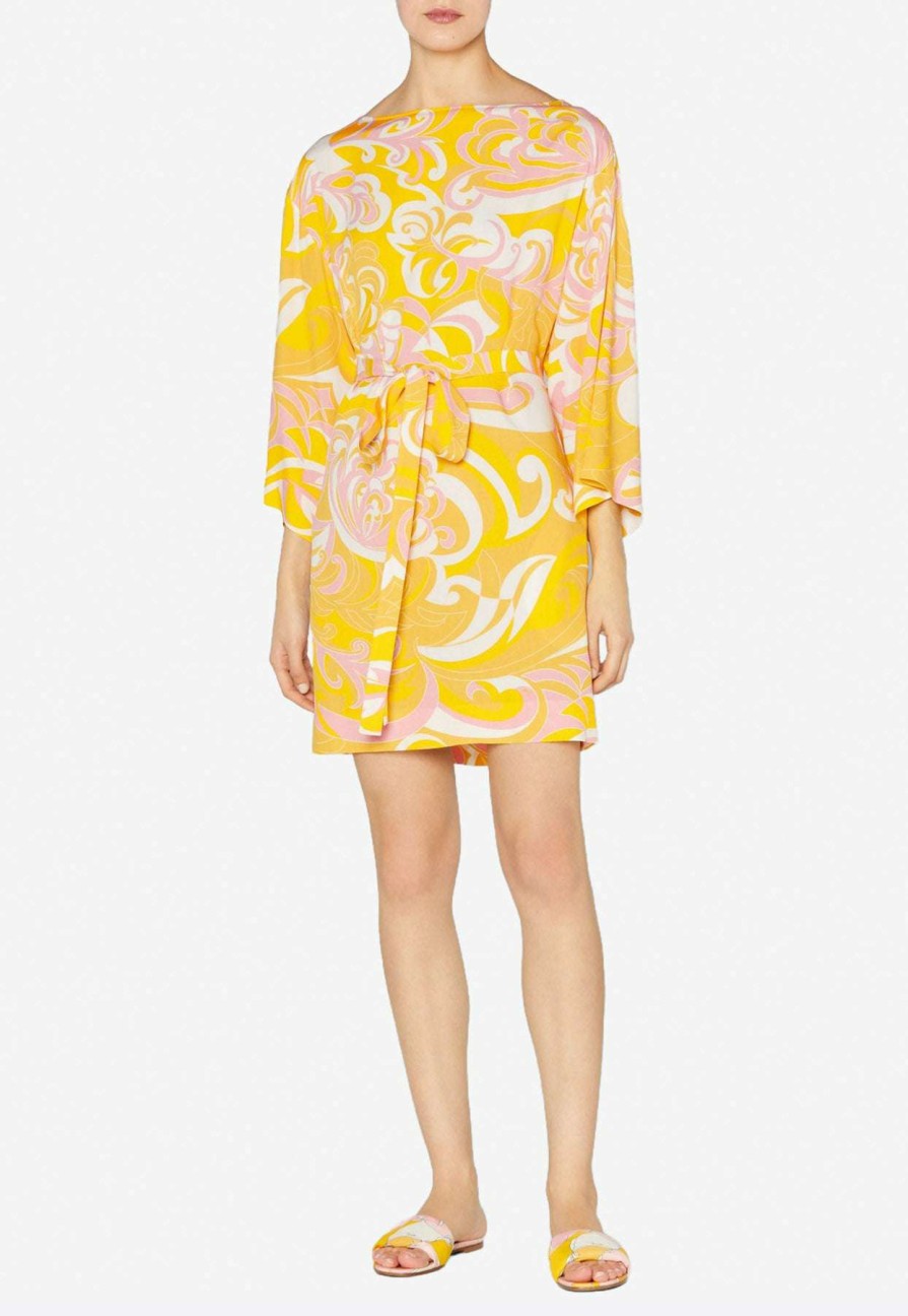 Dresses * | Emilio Pucci Boat-Neck Albizia Print Crepe Mini Dress Yellow