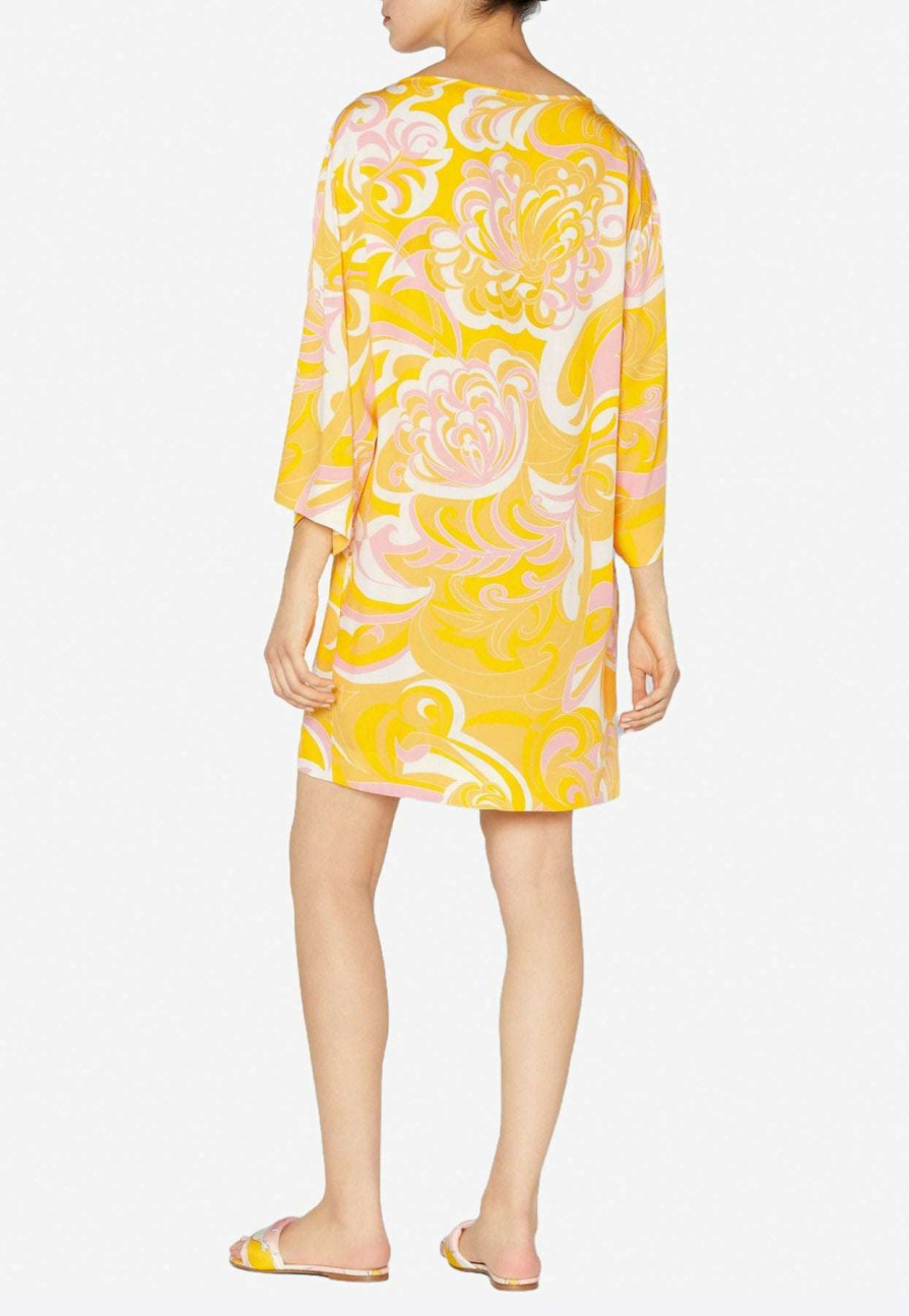 Dresses * | Emilio Pucci Boat-Neck Albizia Print Crepe Mini Dress Yellow