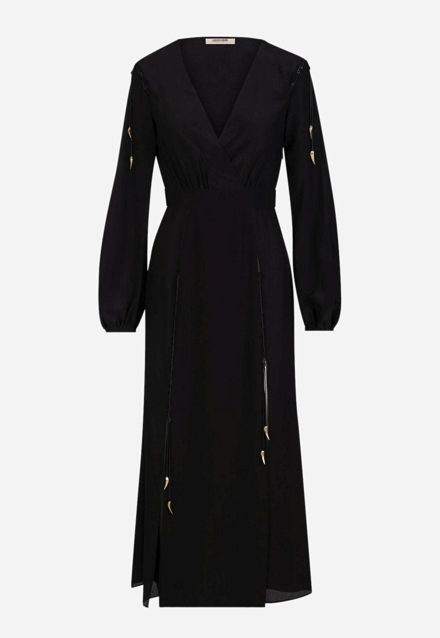 Evening * | Roberto Cavalli Long-Sleeved Tiger Tooth Midi Dress Black