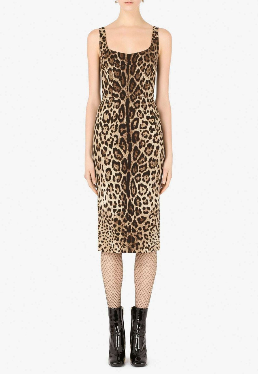 Evening * | Dolce & Gabbana Leopard Print Charmeuse Midi Dress Brown