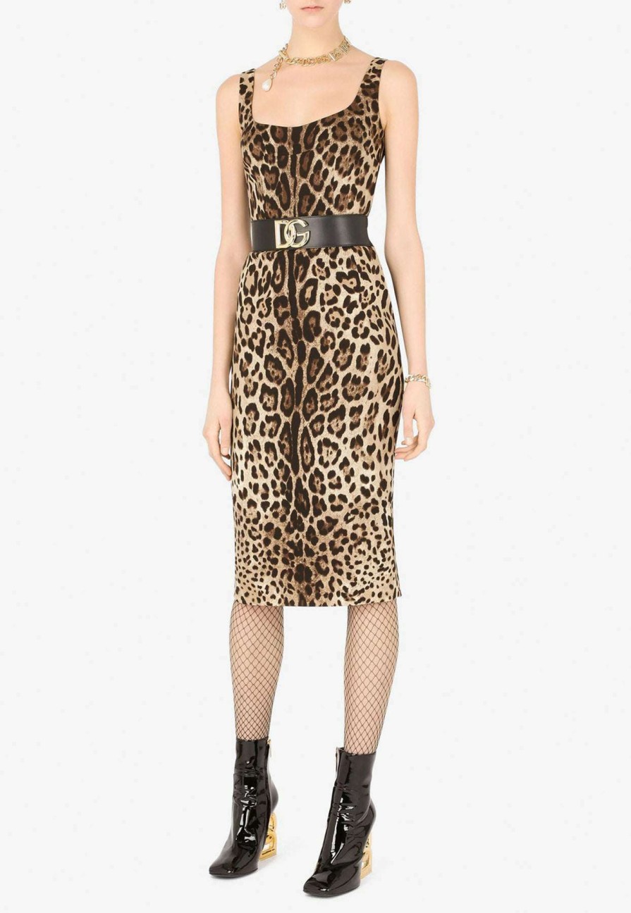 Evening * | Dolce & Gabbana Leopard Print Charmeuse Midi Dress Brown