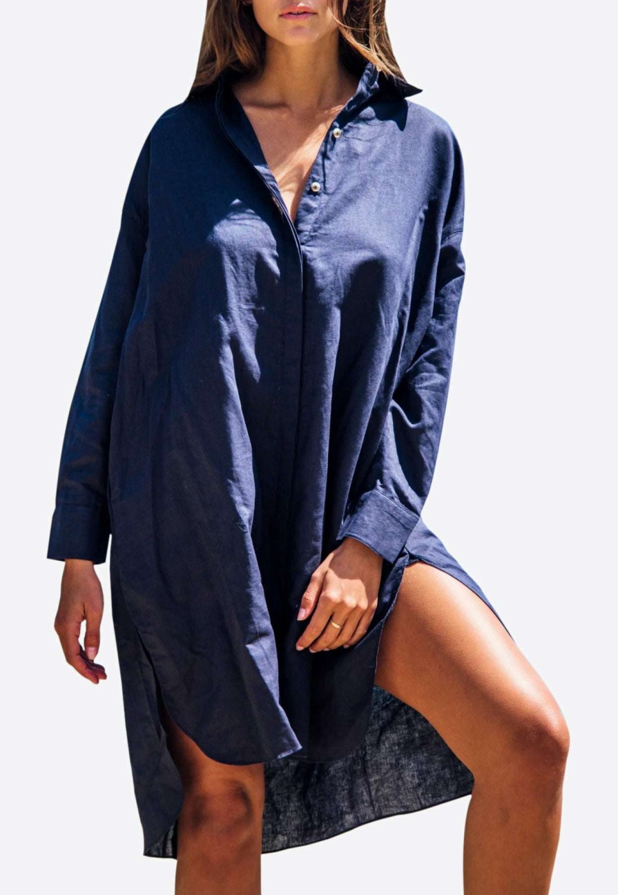 Dresses * | Les Canebiers Ramade Asymmetric Shirt Dress Blue