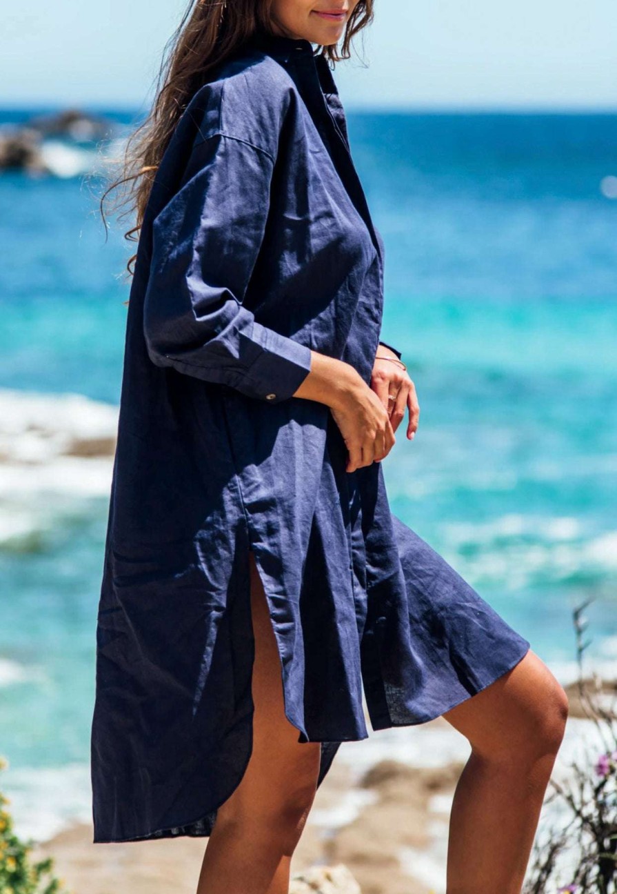 Dresses * | Les Canebiers Ramade Asymmetric Shirt Dress Blue