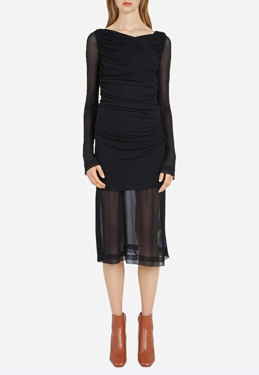 Evening * | Salvatore Ferragamo Ruched Sheer Midi Dress Black