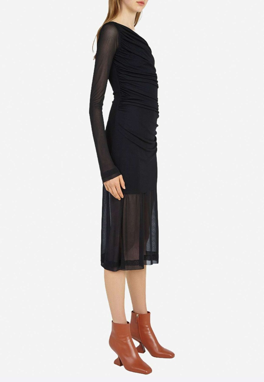 Evening * | Salvatore Ferragamo Ruched Sheer Midi Dress Black