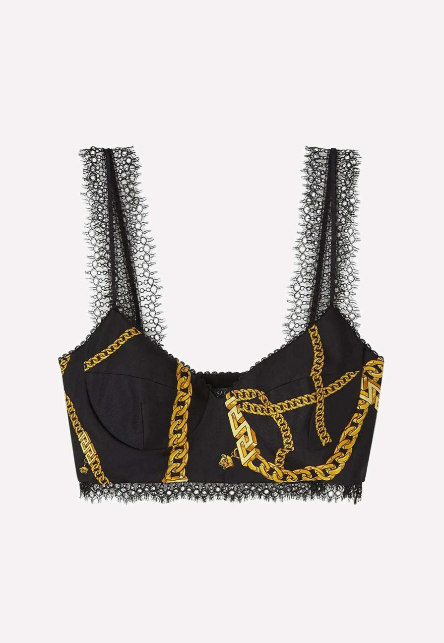 Evening * | Versace Chain Print Silk Cropped Top Black