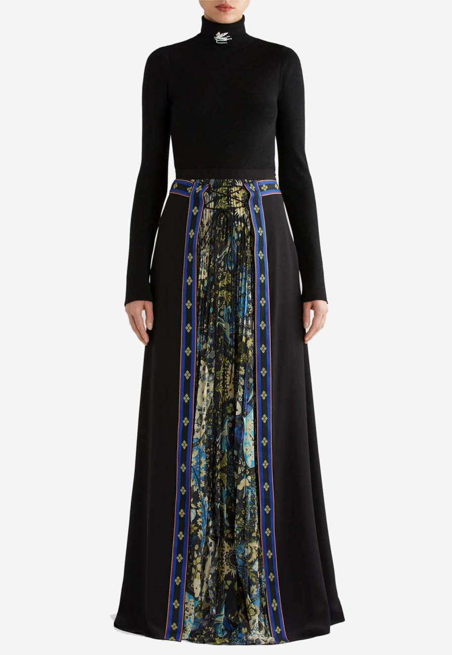 Skirts * | Etro Silk Skirt With Ribbons And Floral Detail Black