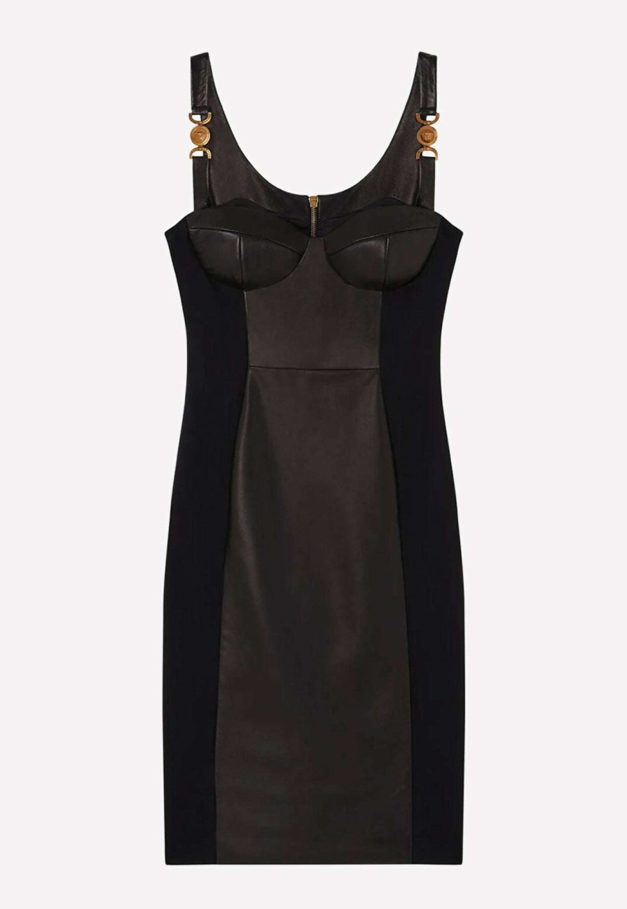 Evening * | Versace Sleeveless Leather Dress With Medusa Detail Black