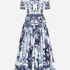 Dresses * | Dolce & Gabbana Majolica Print Pleated Poplin Midi Dress Blue