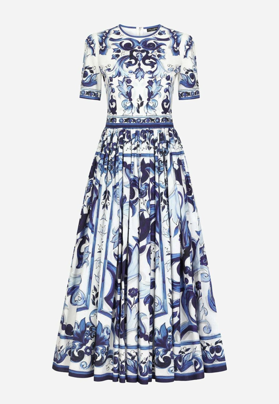 Dresses * | Dolce & Gabbana Majolica Print Pleated Poplin Midi Dress Blue