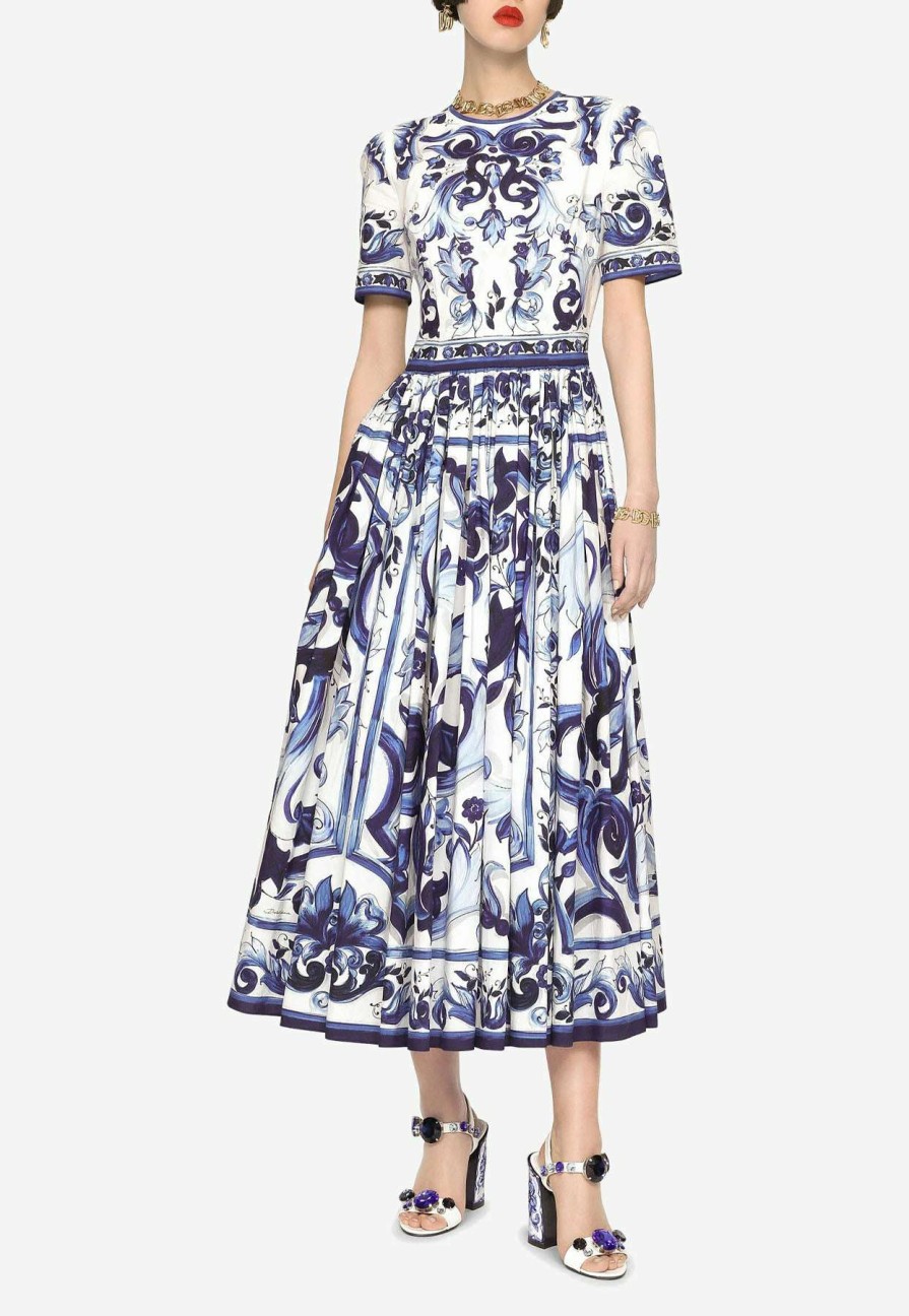 Dresses * | Dolce & Gabbana Majolica Print Pleated Poplin Midi Dress Blue