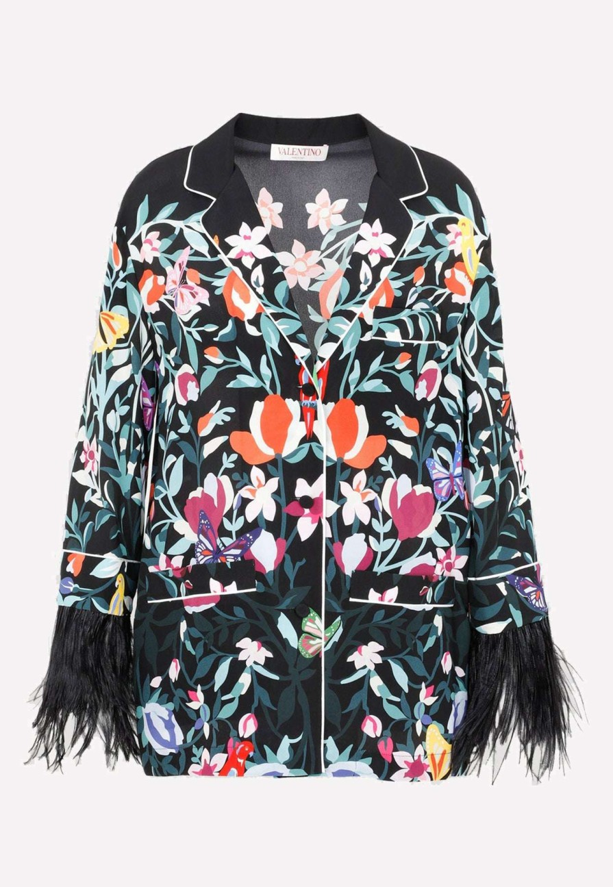 Evening * | Valentino Feather-Trimmed Floral Silk Shirt Multicolor