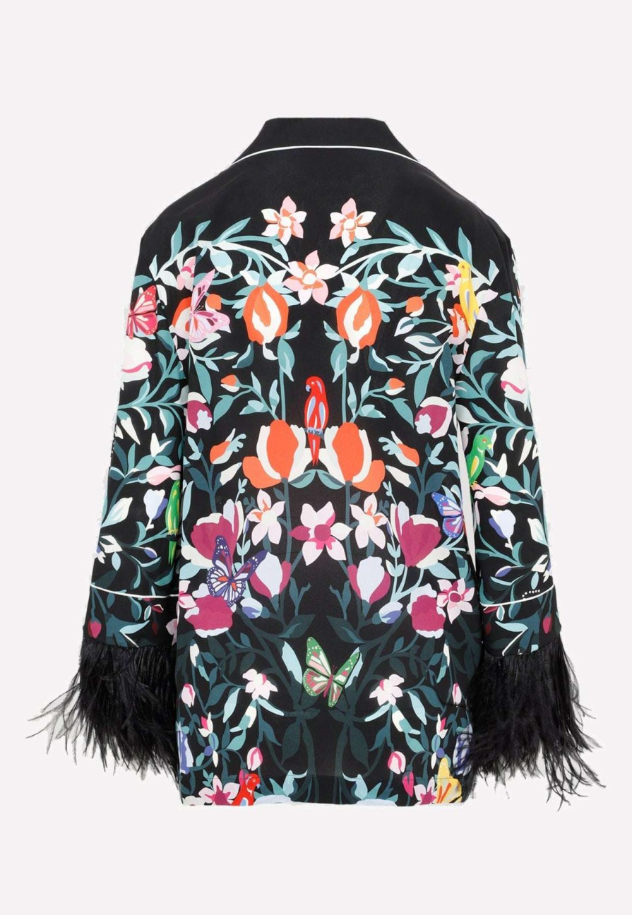 Evening * | Valentino Feather-Trimmed Floral Silk Shirt Multicolor