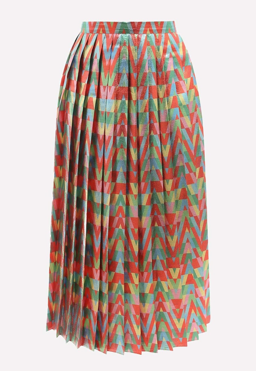 Skirts * | Valentino Optival V Pleated Lurex Midi Skirt Multicolor