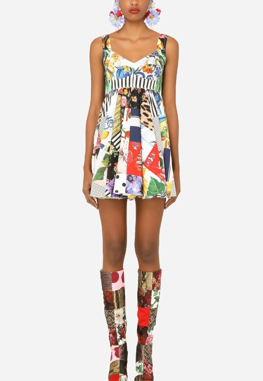 Evening * | Dolce & Gabbana Sweetheart Patchwork Cotton Mini Dress Multicolor