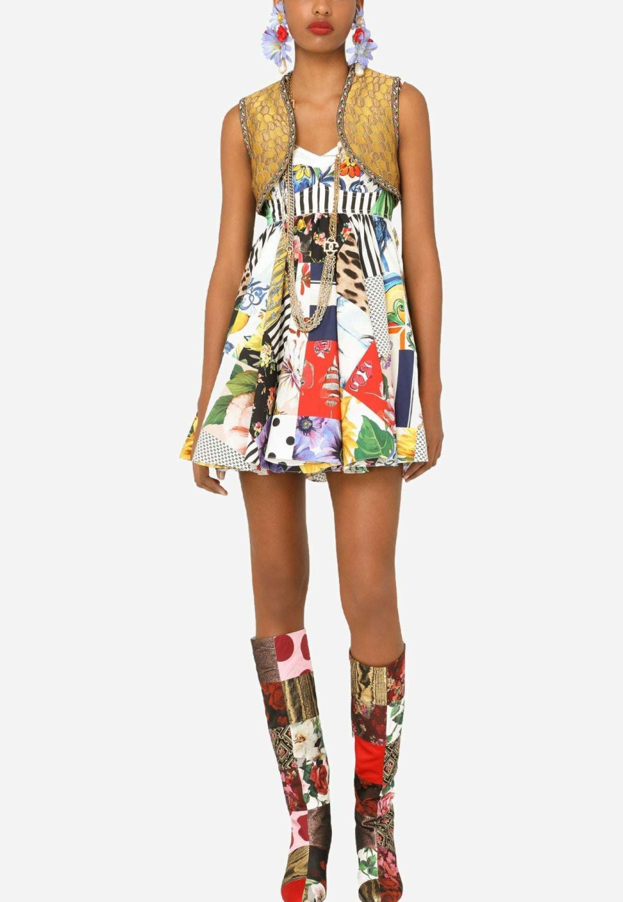 Evening * | Dolce & Gabbana Sweetheart Patchwork Cotton Mini Dress Multicolor