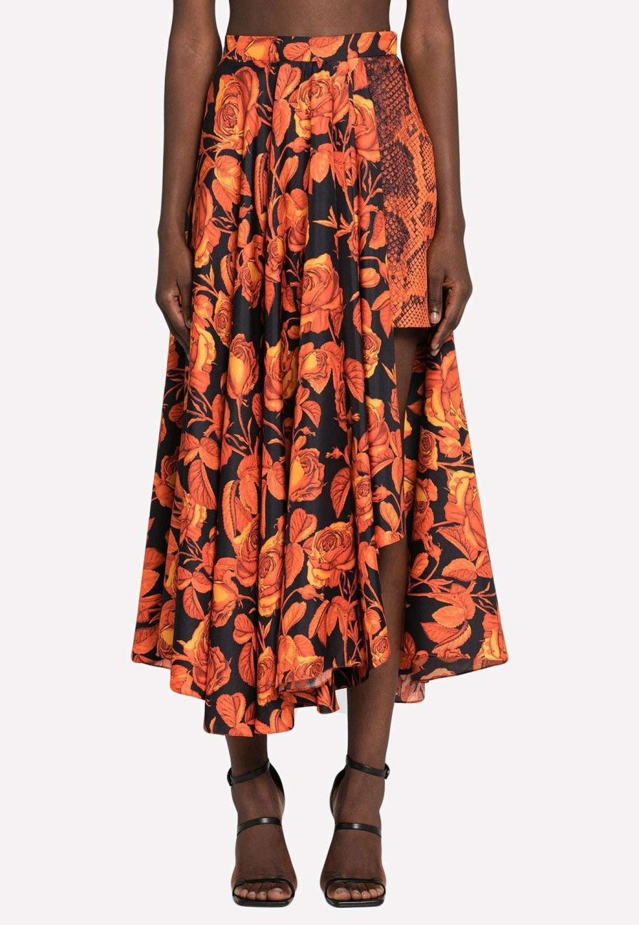 Skirts * | Roberto Cavalli Silk Rose And Python-Print Asymmetric Skirt Orange