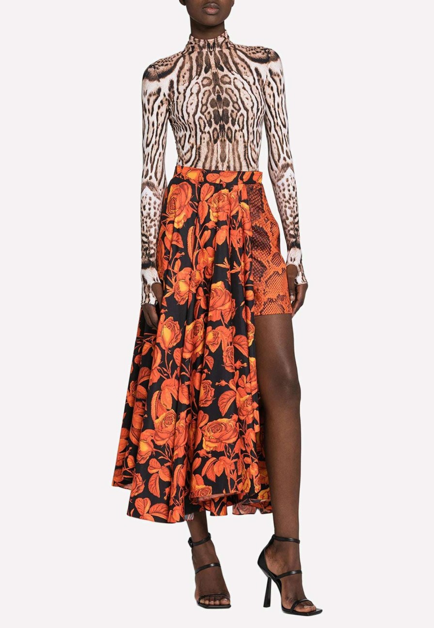 Skirts * | Roberto Cavalli Silk Rose And Python-Print Asymmetric Skirt Orange