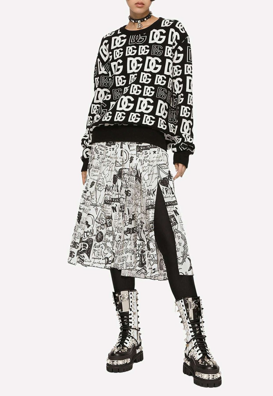 Skirts * | Dolce & Gabbana Crepe De Chine Pleated Graffiti Midi Skirt Monochrome