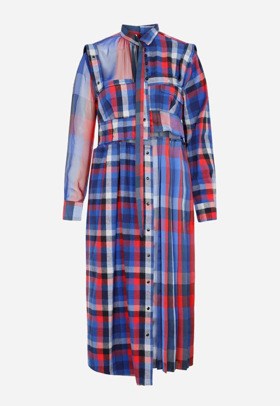 Dresses * | Sacai Deconstructed Plaid Long-Sleeved Midi Dress Multicolor