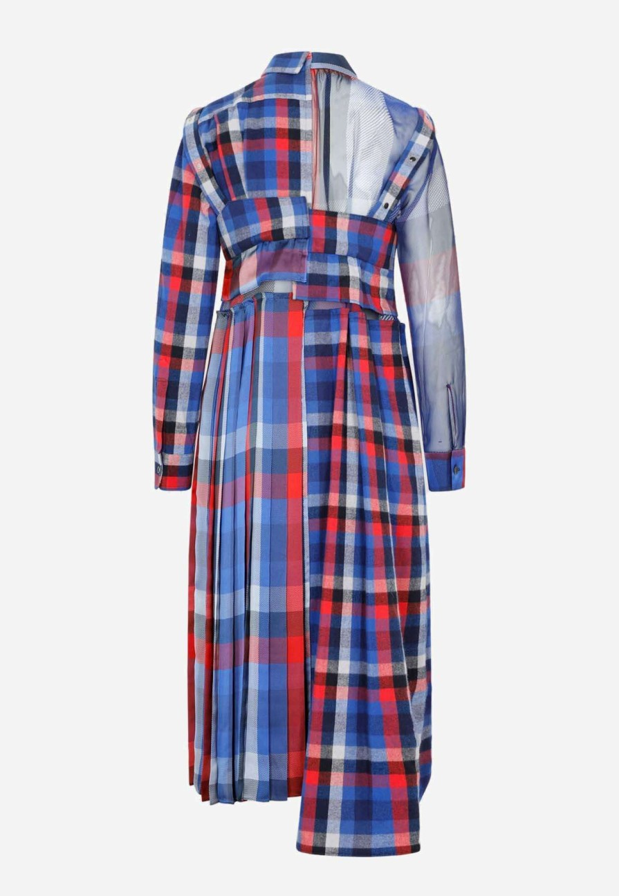 Dresses * | Sacai Deconstructed Plaid Long-Sleeved Midi Dress Multicolor