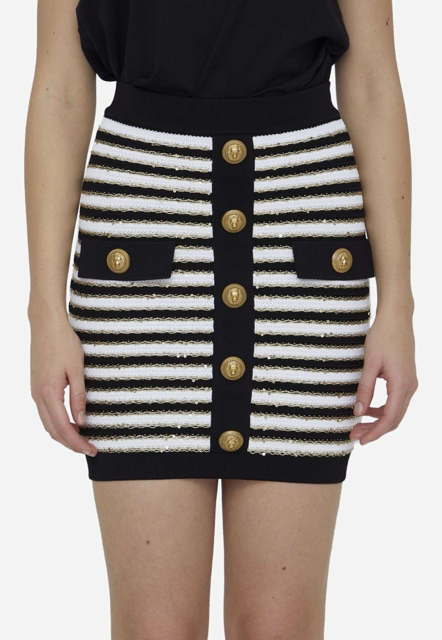 Skirts * | Balmain High-Waist Buttoned Knit Skirt Monochrome