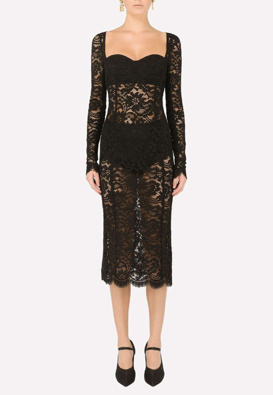 Evening * | Dolce & Gabbana Lace Scalloped Detailing Midi Dress Black